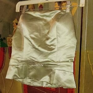 Bill Levkoff Olive Satin Strapless Mini Skirt with Waist Embellishment